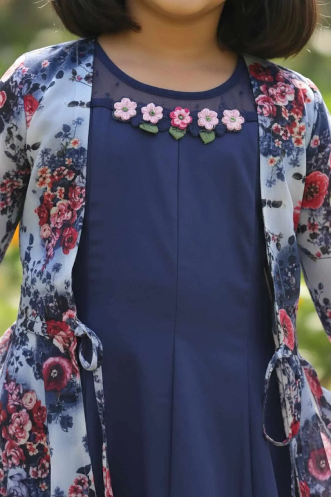 Blue Gown With Floral Printed Long Jacket For Girls