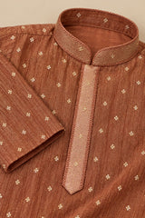 Boys Ethnic Rust Brown Crushed Tissue Embriodered Kurta Pajama Set