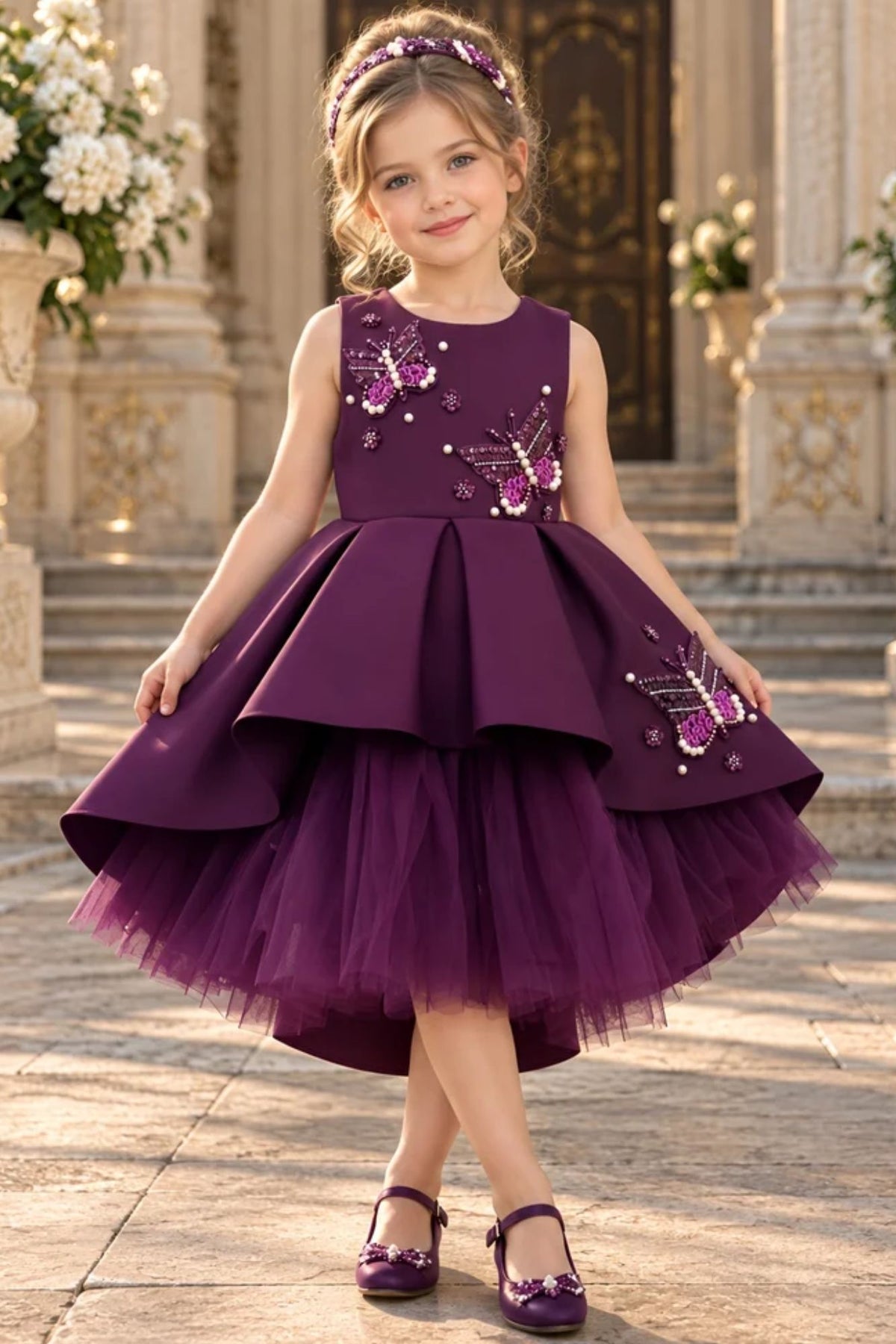 Girls Wine Butterfly Embellished High-Low Tail Back  Party Wear Frock