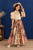 Ivory Puff Sleeve Top with Boho Printed Flared Skirt Set for Girls