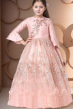 Designer Pastel Pink Floral Embroidered Net Party Gown With Ruffled Hem For Girls