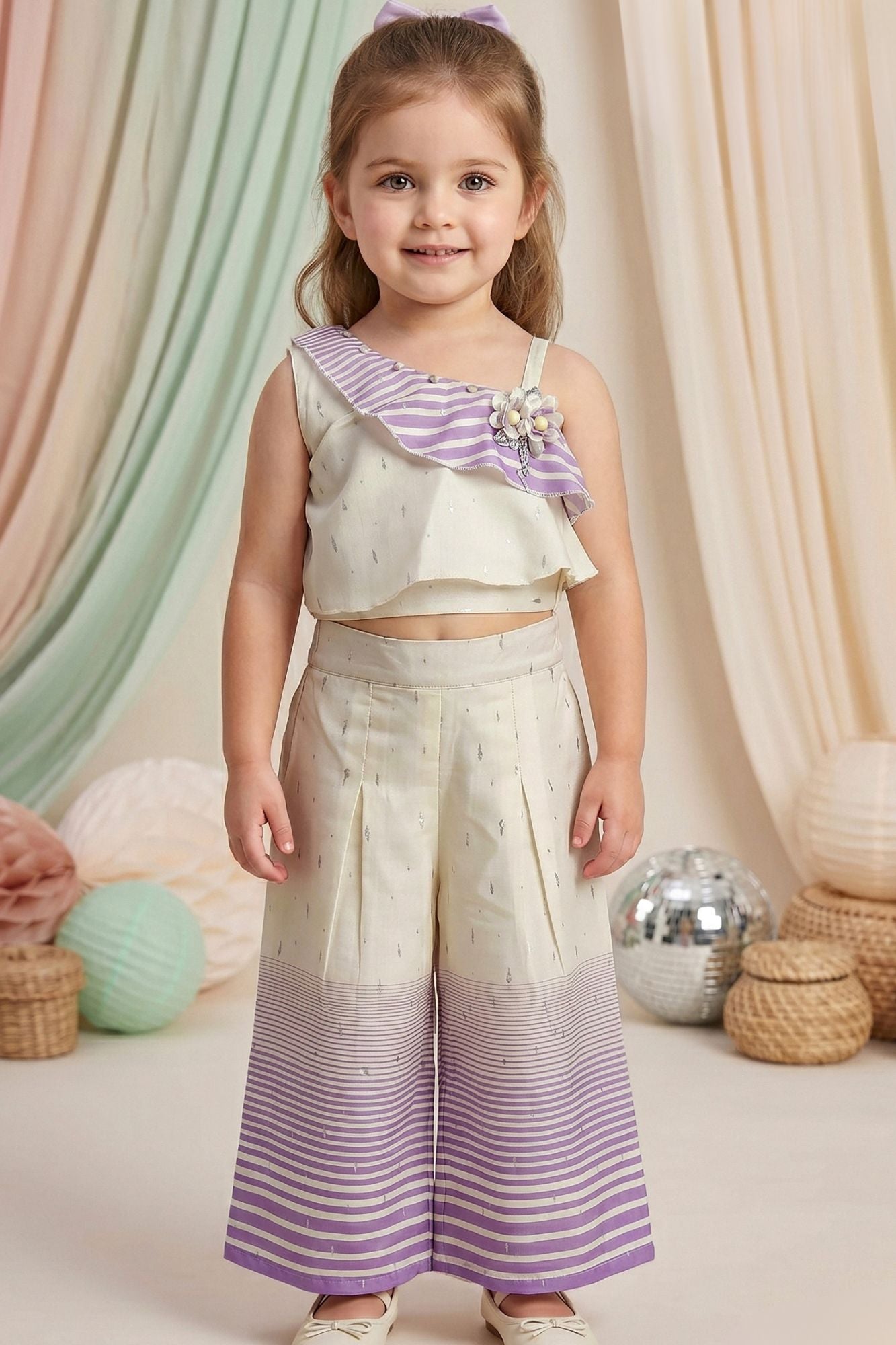 Cream and Lilac One-Shoulder Co-Ord Set with Striped Wide-Leg Pants