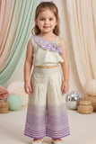 Cream and Lilac One-Shoulder Co-Ord Set with Striped Wide-Leg Pants