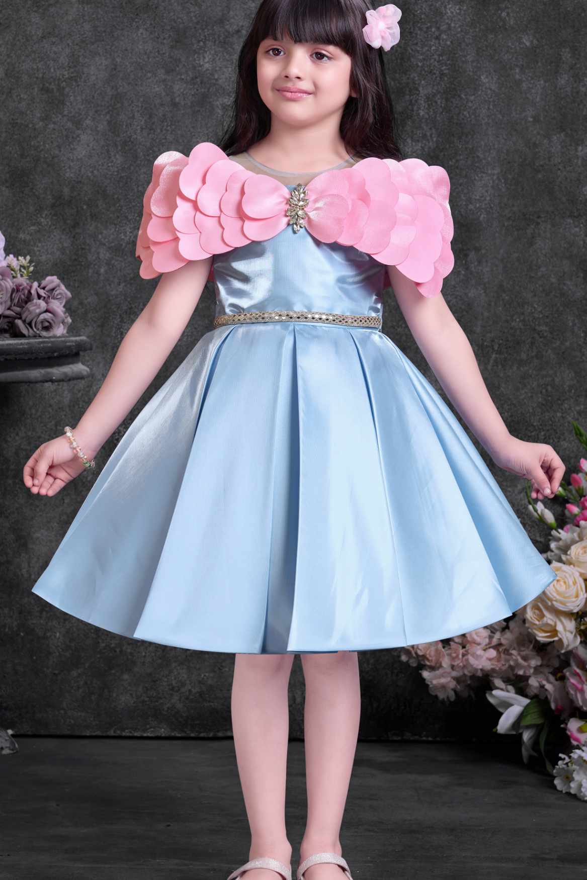 Powder Blue Party Wear Frock with Pink Bow Appliqué And Flared Skirt For Girls