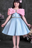 Powder Blue Party Wear Frock with Pink Bow Appliqué And Flared Skirt For Girls