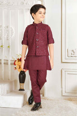 Maroon Full Sleeves Kurta With Sequin Embroidered Waist Coat Set For Boys