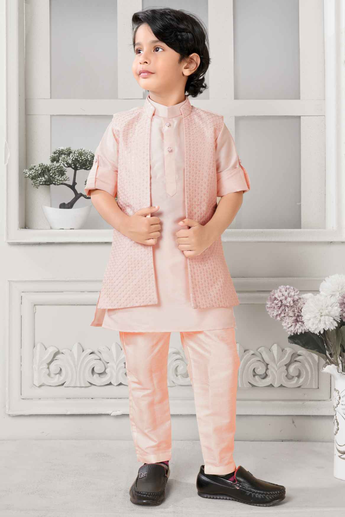Classic Peach Kurta Set With Overcoat For Boys