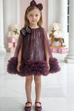 Wine Sequin Cape Style Party Frock For Girls