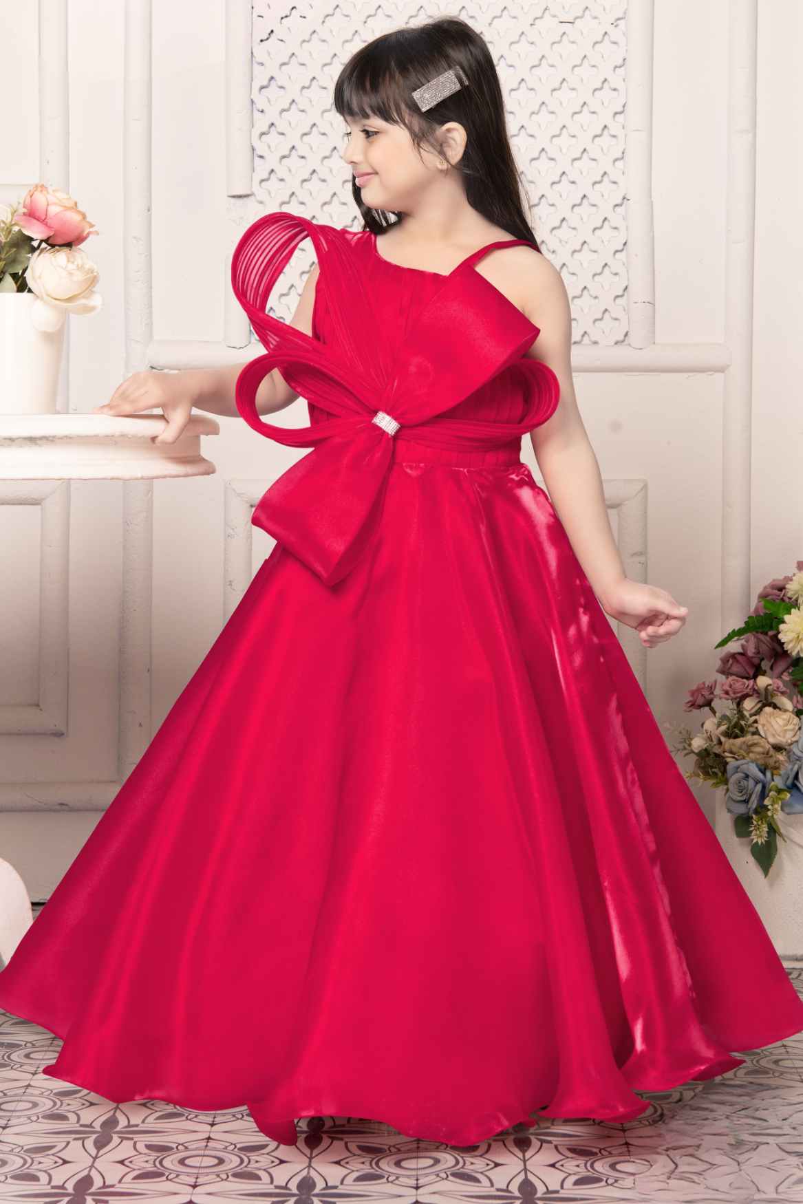 Cherry Red Bow Embellished With Stone Work Gown For Girls Lagorii Kids Cherry Red Bow Embellished With Stone Work Gown For Girls Lagorii Kids