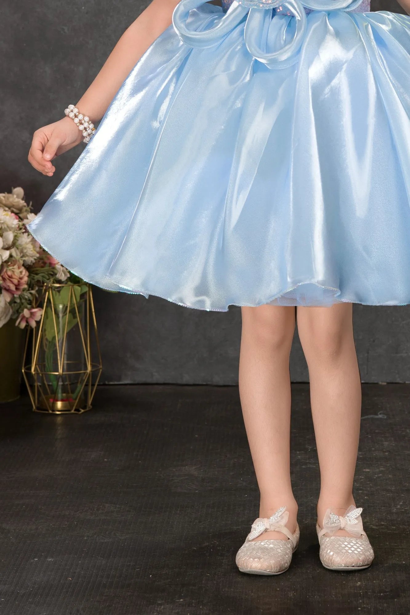 Sky Blue Floral Embellished Party Frock For Girls