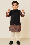 Multicolor Printed Kurta Pyjama Set with Black Nehru Jacket for Boys