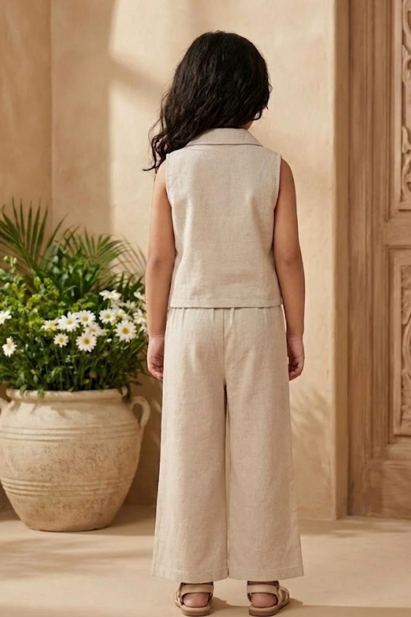 Girls Fawn Sleeveless Embroidered Co-Ord Set with Wide Leg Pants