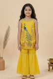 Mustard Yellow Peacock Embroidered Sharara Set with Dupatta For Girls
