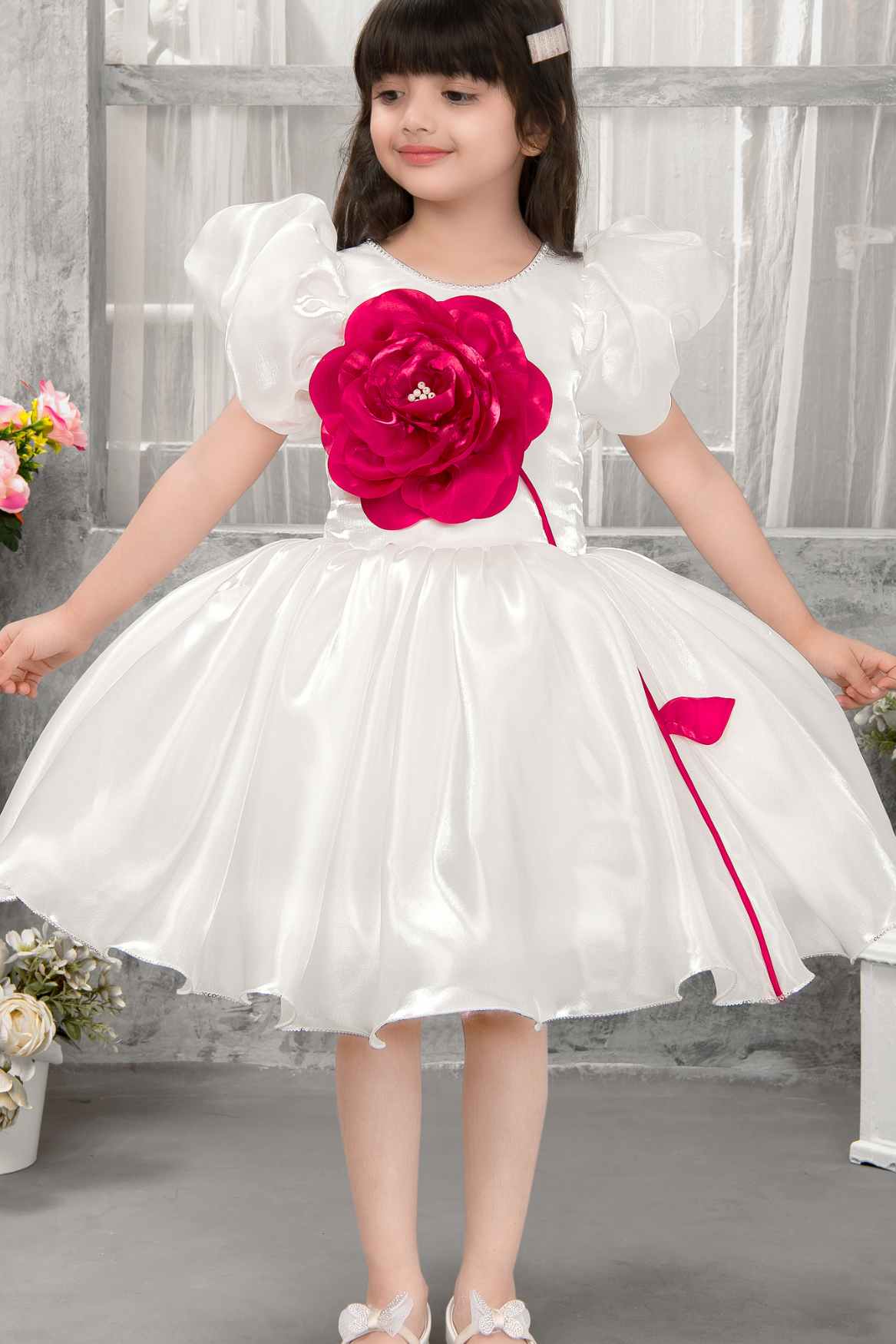 White Satin Puff Sleeve Dress With 3D Red Flower For Girls