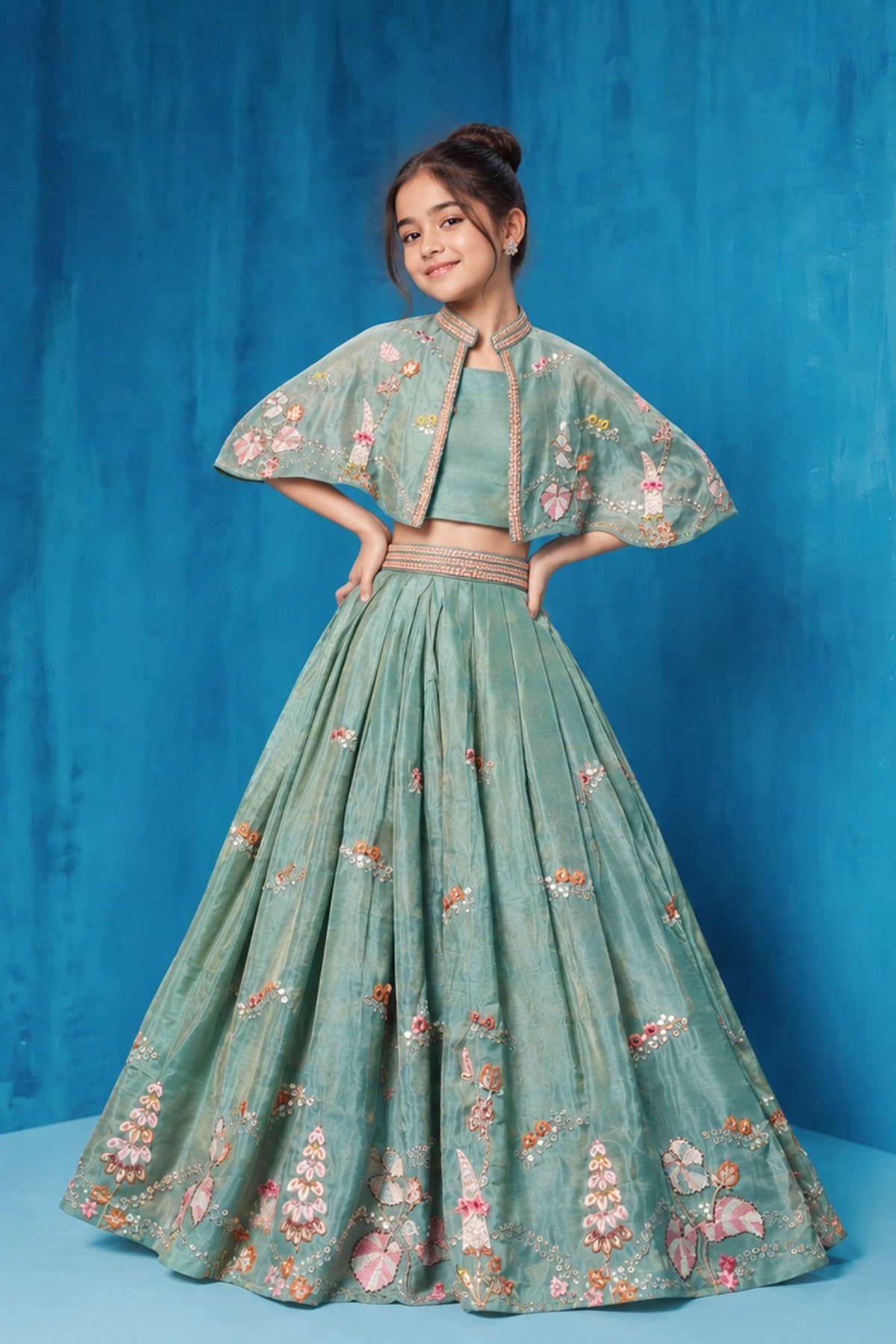 Girls Sage Green Floral Embroidered Cape Lehenga Choli