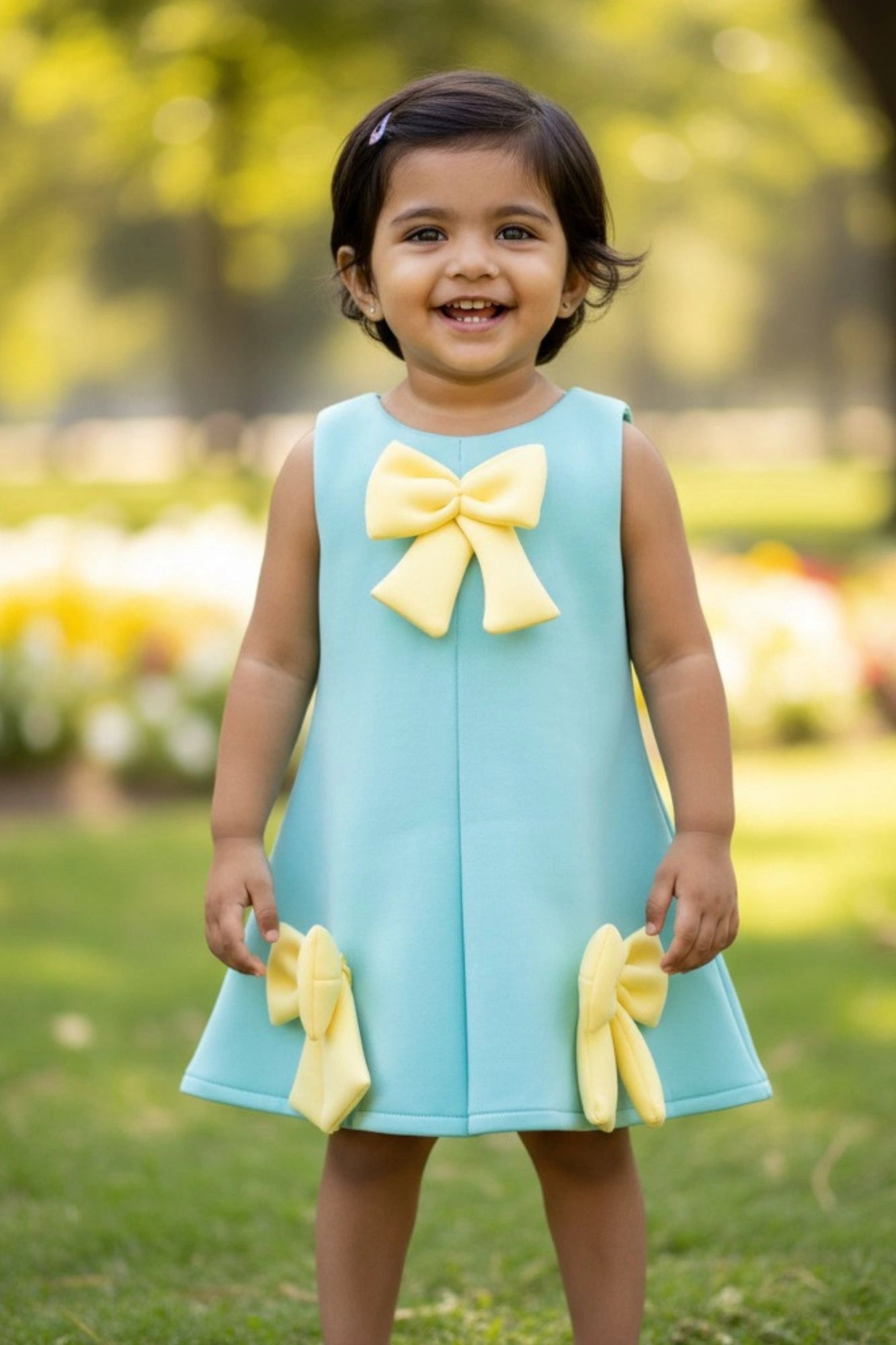 Aqua Blue Party Frock with Yellow Bow Accents For Girls