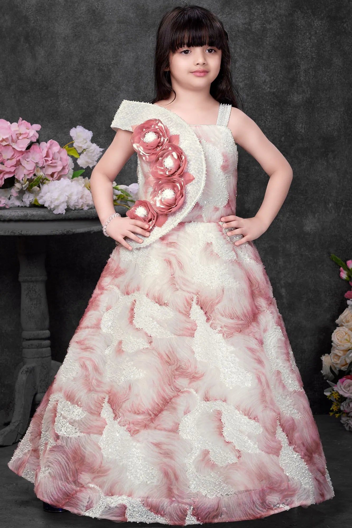 Blush Pink And Ivory Floral Appliqué Party Wear Gown For Girls
