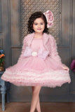 Designer Pink Frock With Bow Embellishment And Overcoat For Girls