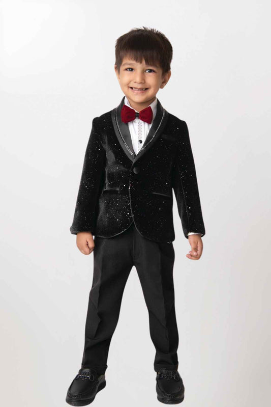 White Shirt With Black Blazer And Pant Set For Boys