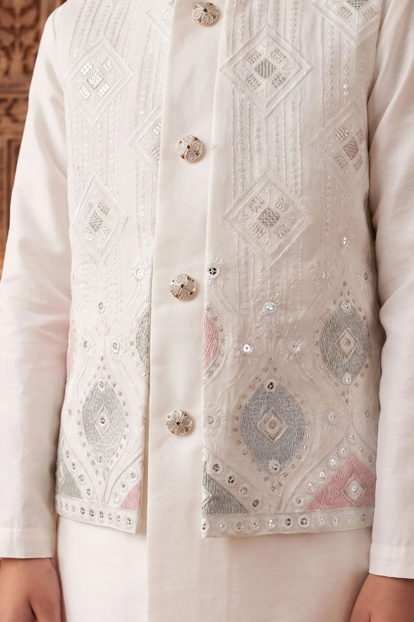 Boys White Pastel Embroidered Kurta Set With Nehru Jacket
