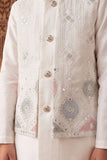 Boys White Pastel Embroidered Kurta Set With Nehru Jacket