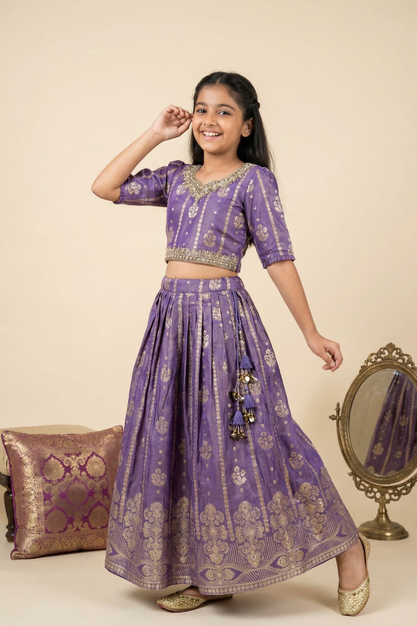 Royal Purple Zari Woven Lehenga Choli Set For Girls