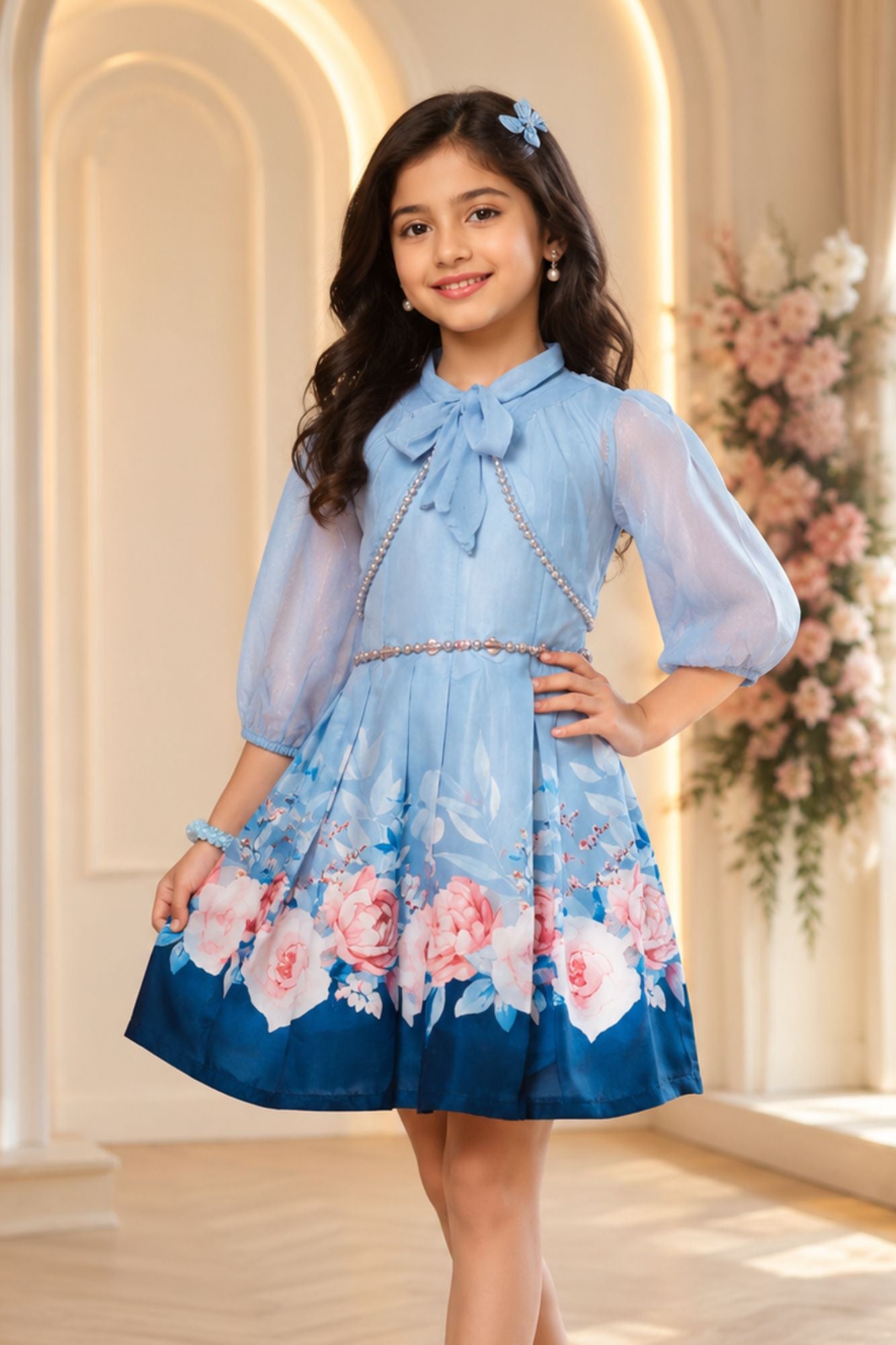Blue Floral Fit & Flare Party Dress with Jacket For Girls 10-11Y (34)