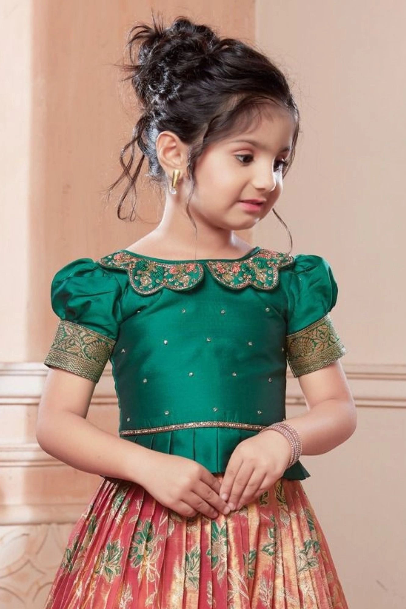 Green & Peach Banarasi Tissue Silk Pattu Pavadai Set with Embroidered Collar For Girls
