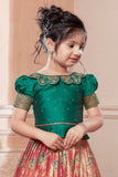 Green & Peach Banarasi Tissue Silk Pattu Pavadai Set with Embroidered Collar For Girls