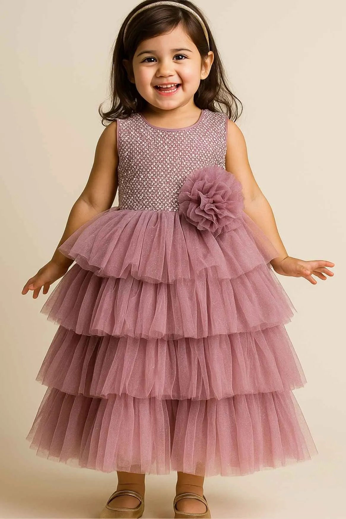 Pink Tiered Ruffle Gown With Sequin Bodice And Flower Appliqué For Girls