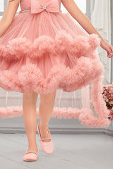 Peach High-Low Party Wear Tulle Frock with Bow Detail For Girls