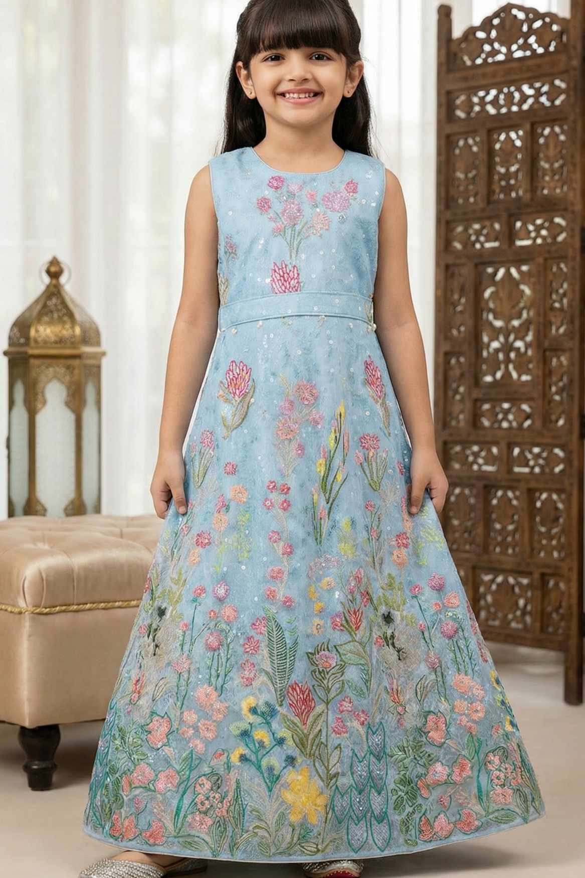 Blue Floral Embroidered Gown For Girls