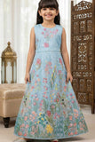 Blue Floral Embroidered Gown For Girls