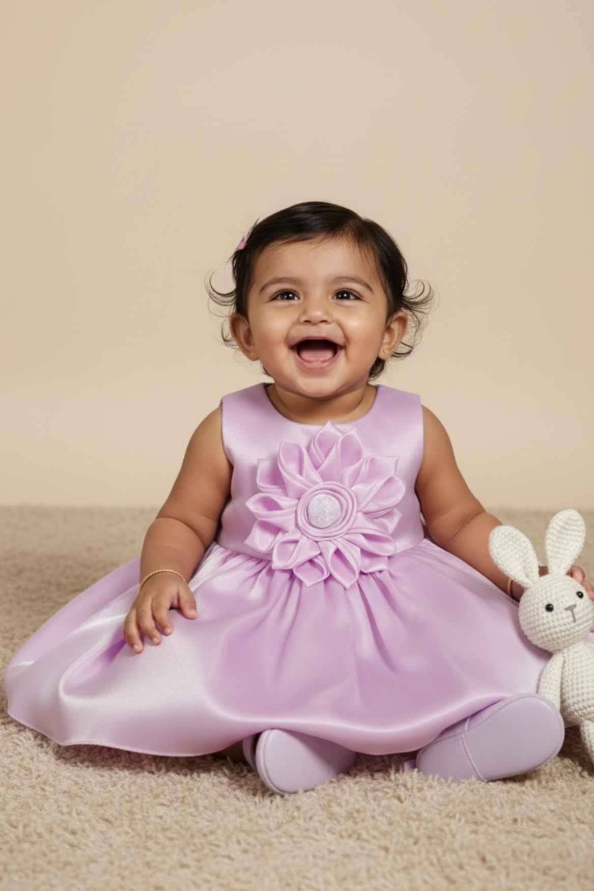 Lavender Organza Party Wear Dress with 3D Flower Appliqué For Girls