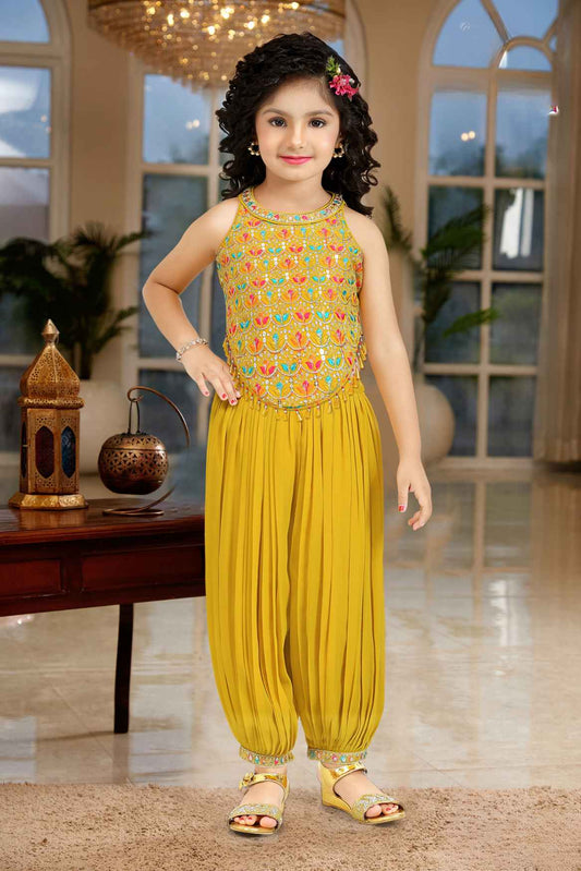 Mustard Multicolor Embroidered Top With Harem Pant Set For Girls