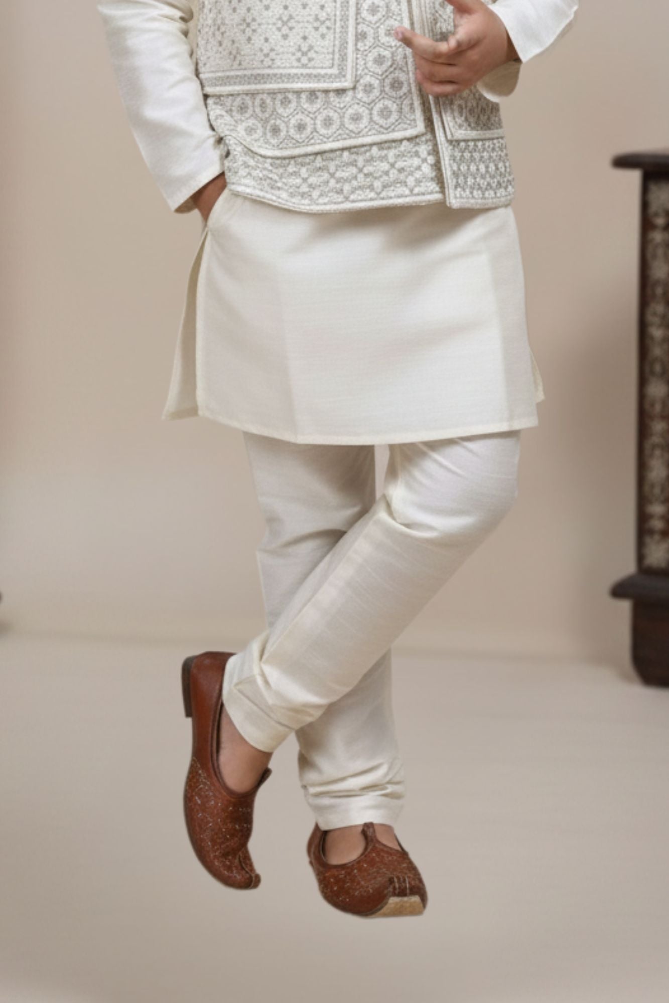 Beige Embroidered Kurta Pajama Set with Ethnic Jacket for Boys