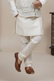 Beige Embroidered Kurta Pajama Set with Ethnic Jacket for Boys