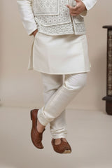 Beige Embroidered Kurta Pajama Set with Ethnic Jacket for Boys