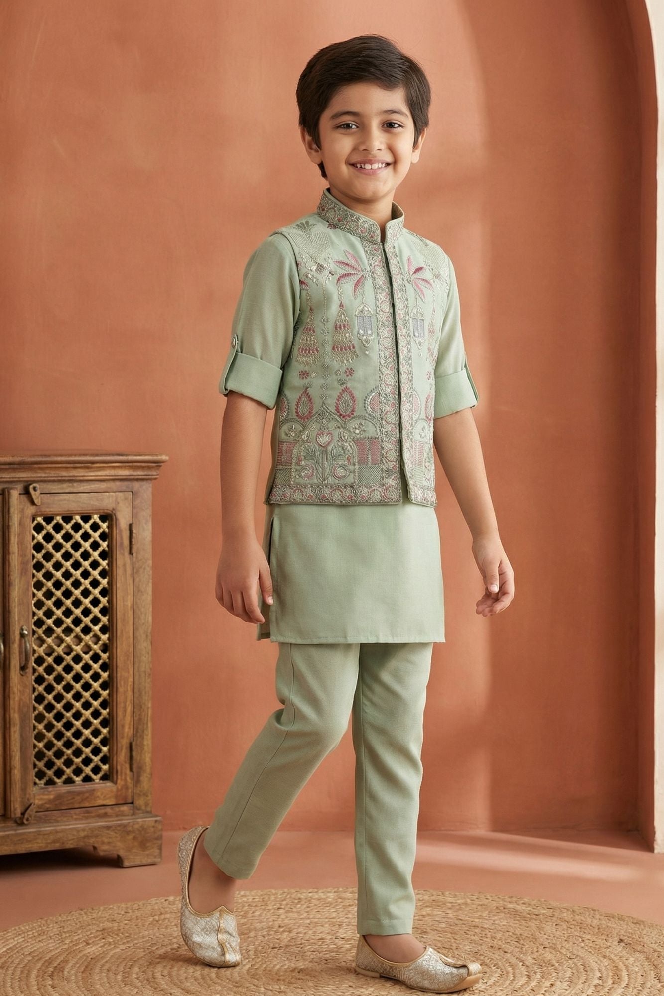 Mint Green Embroidered Kurta Set with Nehru Jacket For Boys