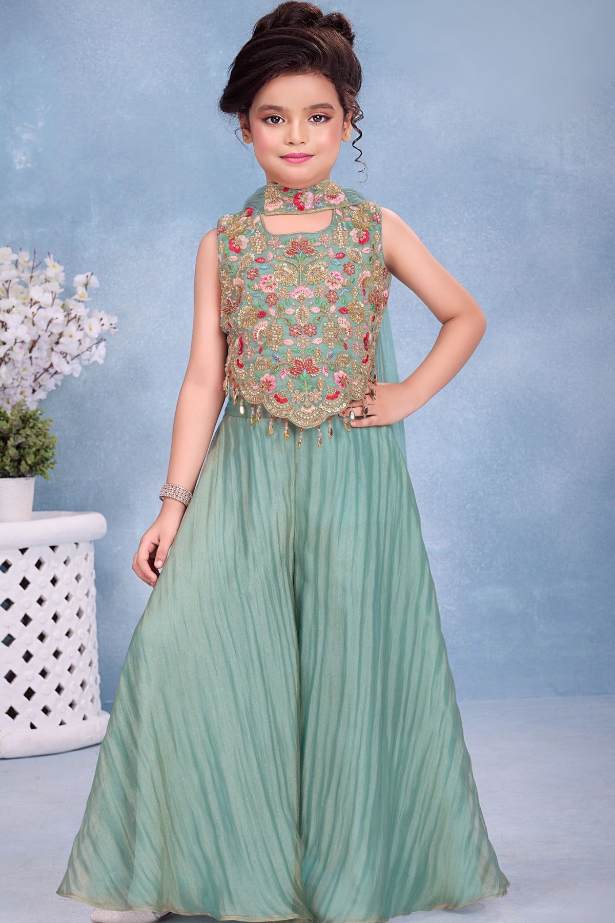 Girls Turquoise Embroidered Palazzo Set With Dupatta