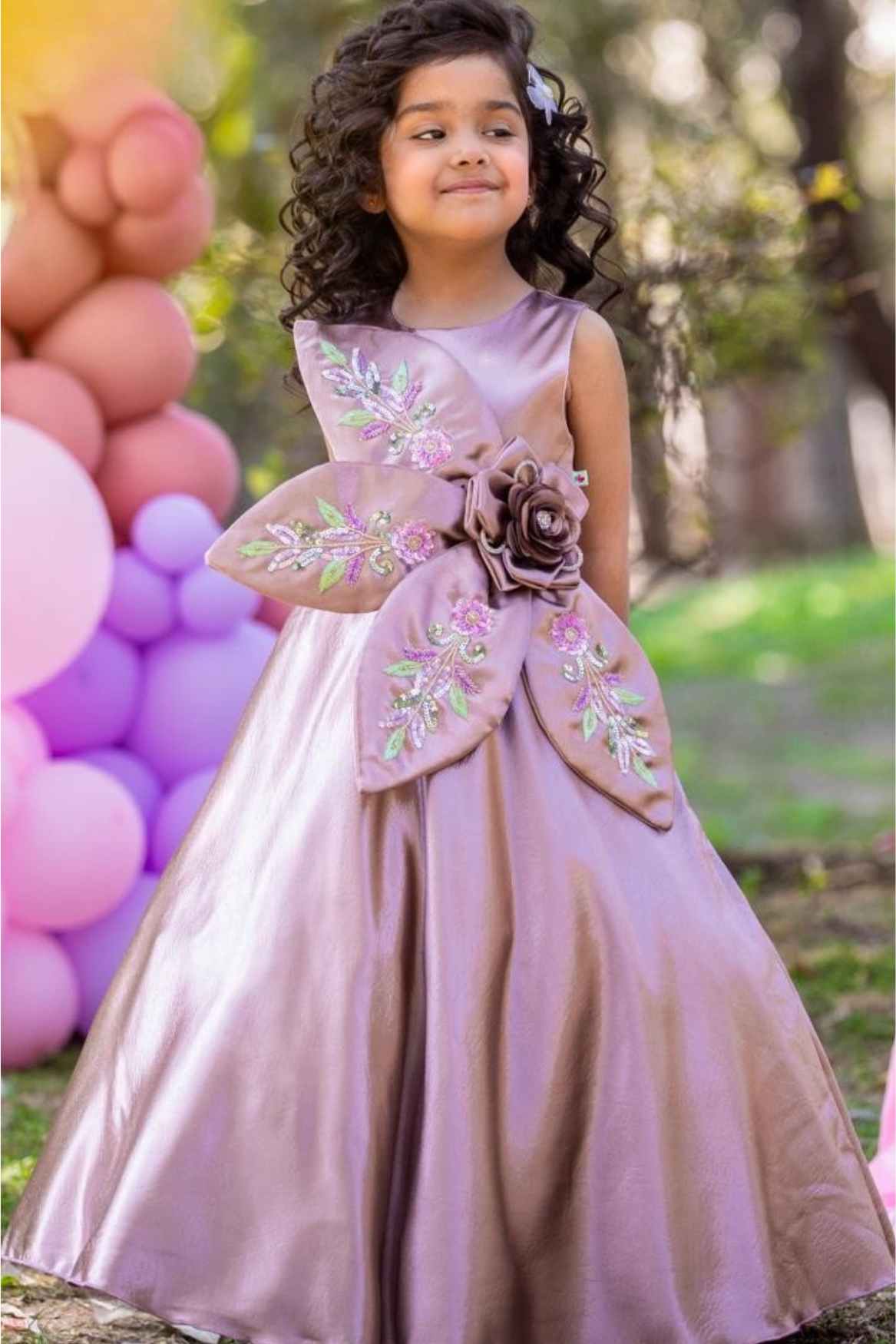 Mauve Satin Gown with 3D Floral Embellished And Embroidery Gown For Girls