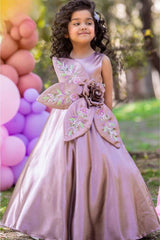 Mauve Satin Gown with 3D Floral Embellished And Embroidery Gown For Girls