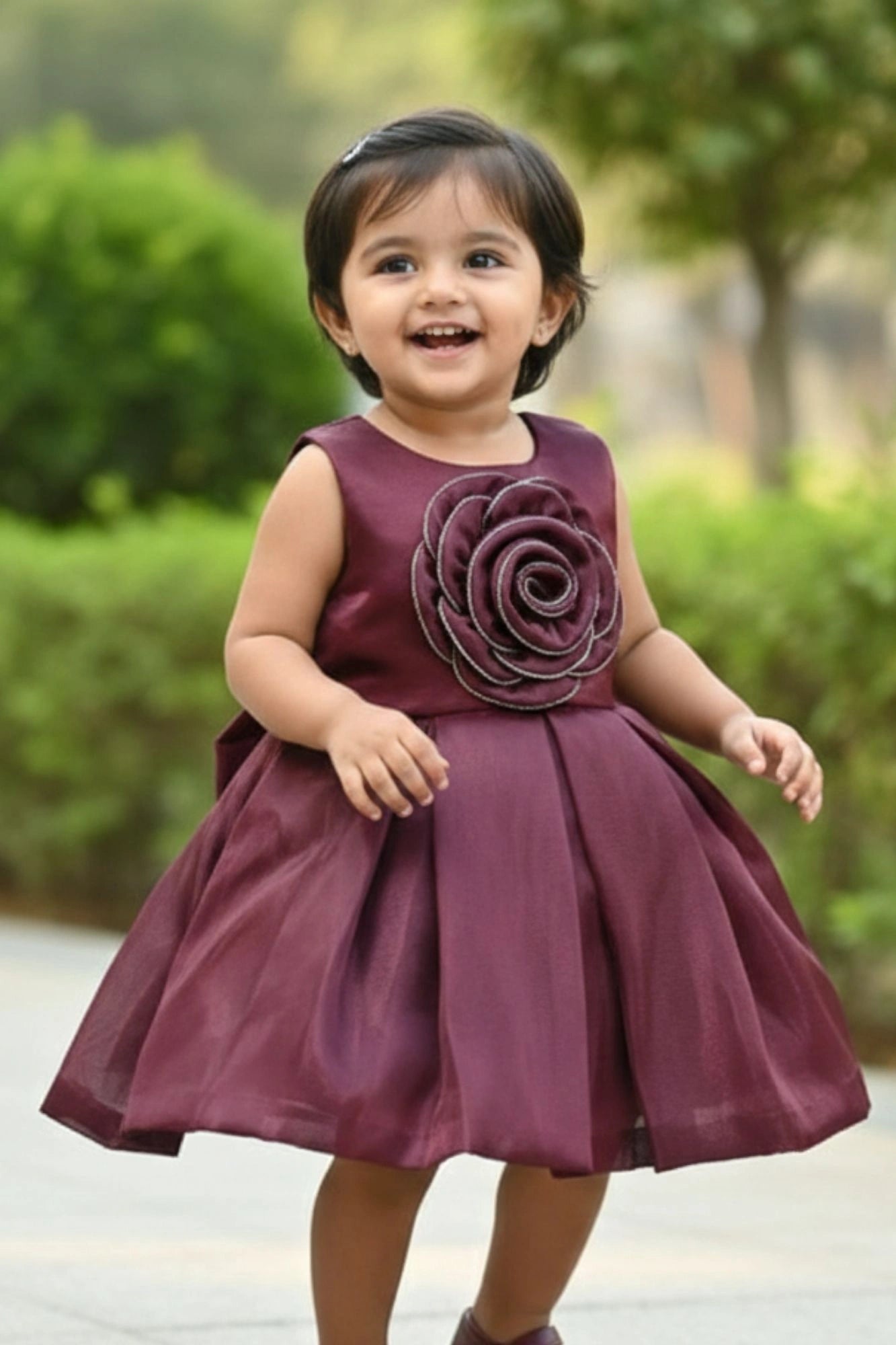 Plum Purple Rose Appliqué Party Wear Frock For Girls