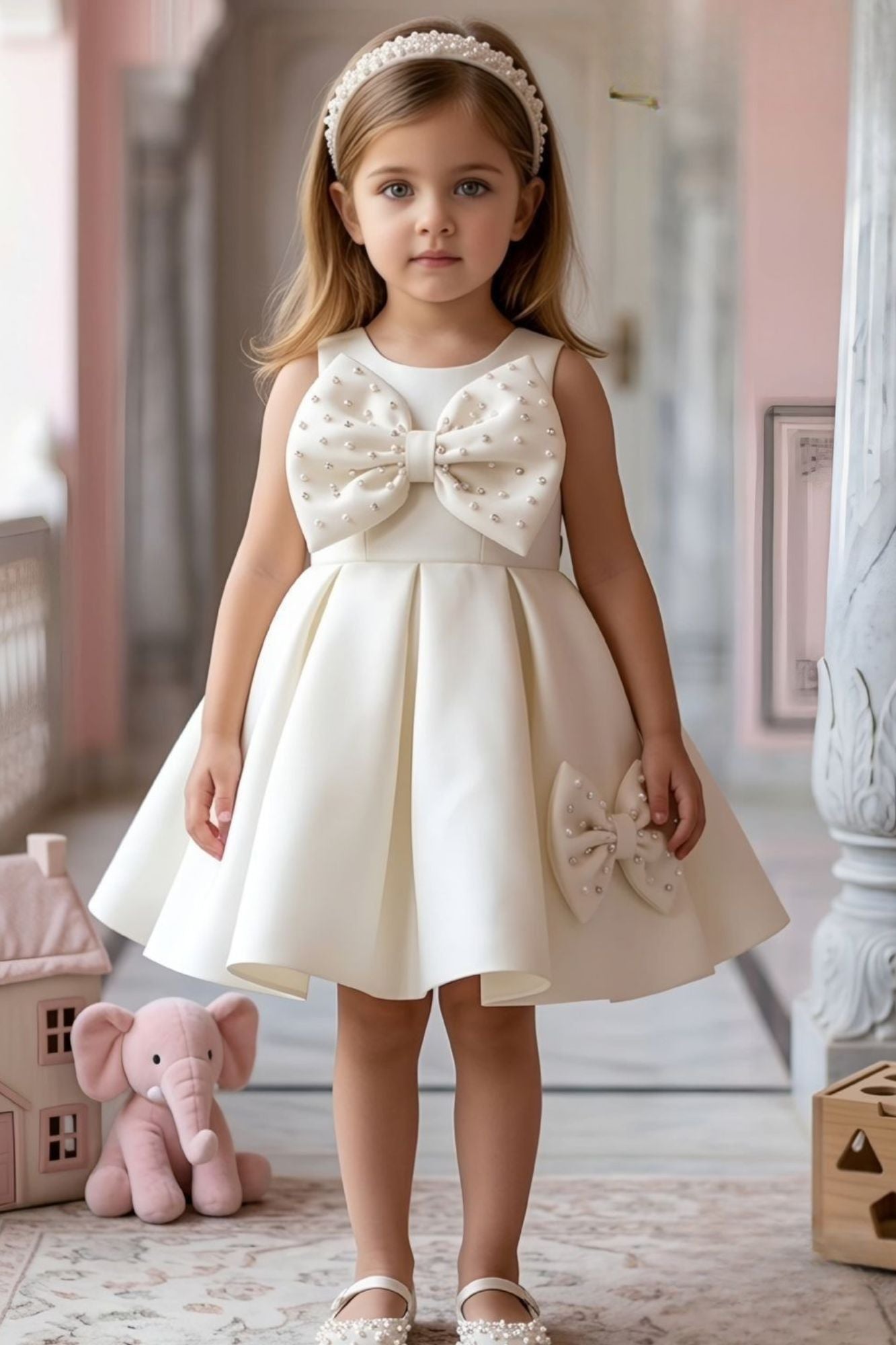White Party Frock With Pearl-Studded Bows For Girls