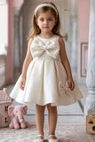 White Party Frock With Pearl-Studded Bows For Girls