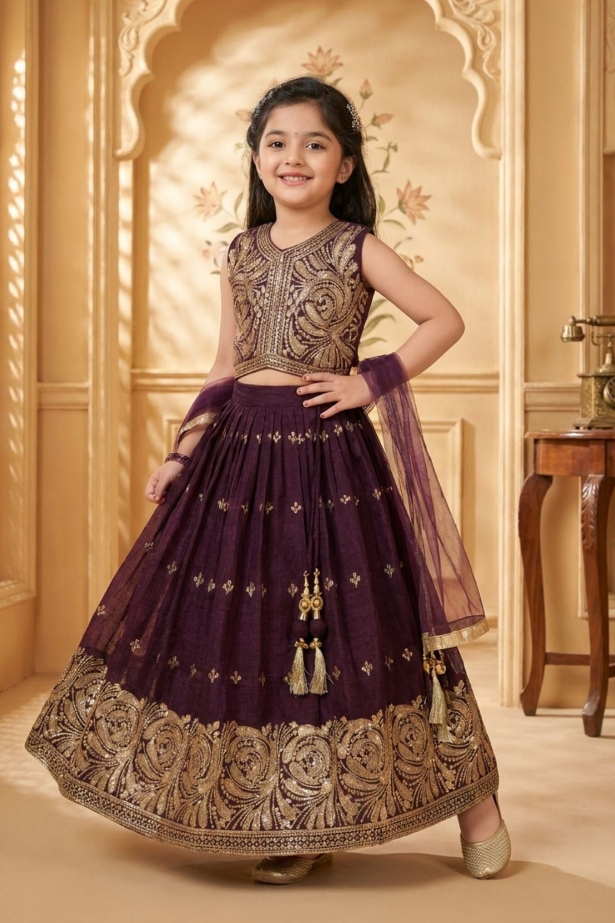 Girls Wine Embroidered Lehenga Choli with Dupatta