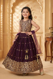 Girls Wine Embroidered Lehenga Choli with Dupatta
