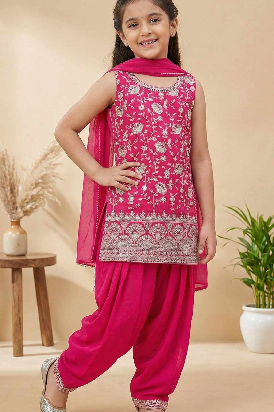 Rani Pink Embroidered Patiala Suit Set For Girls