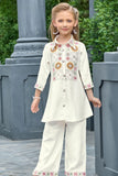 Cream Embroidered Co-ord Set For Girls