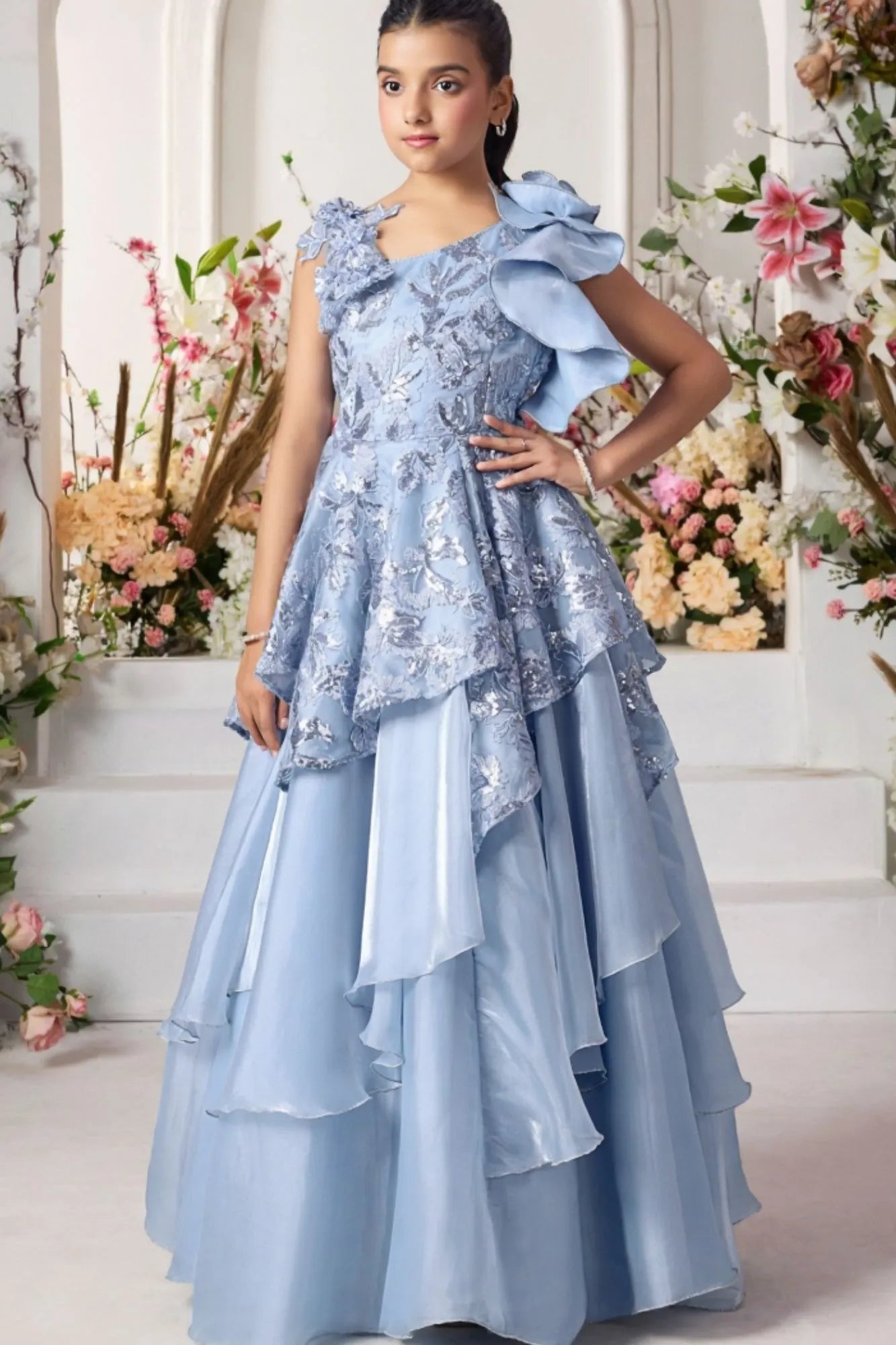 Blue Layered Gown with Ruffled Shoulder and Sequin Embroidery For Girls